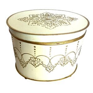 Vintage Embossed Metal Round Box Storage Gold Cream Floral